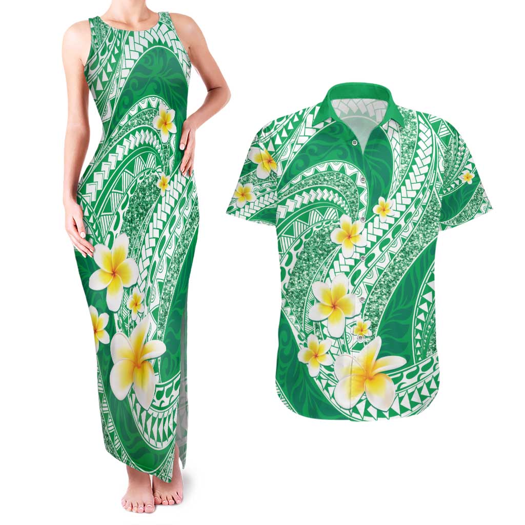 Plumeria Polynesian Green Glitter Pattern Couples Matching Tank Maxi Dress and Hawaiian Shirt