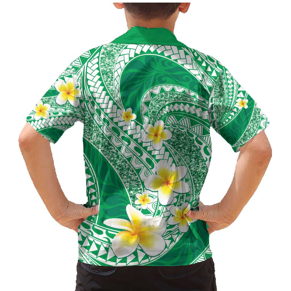 Plumeria Polynesian Green Glitter Pattern Family Matching Mermaid Dress and Hawaiian Shirt