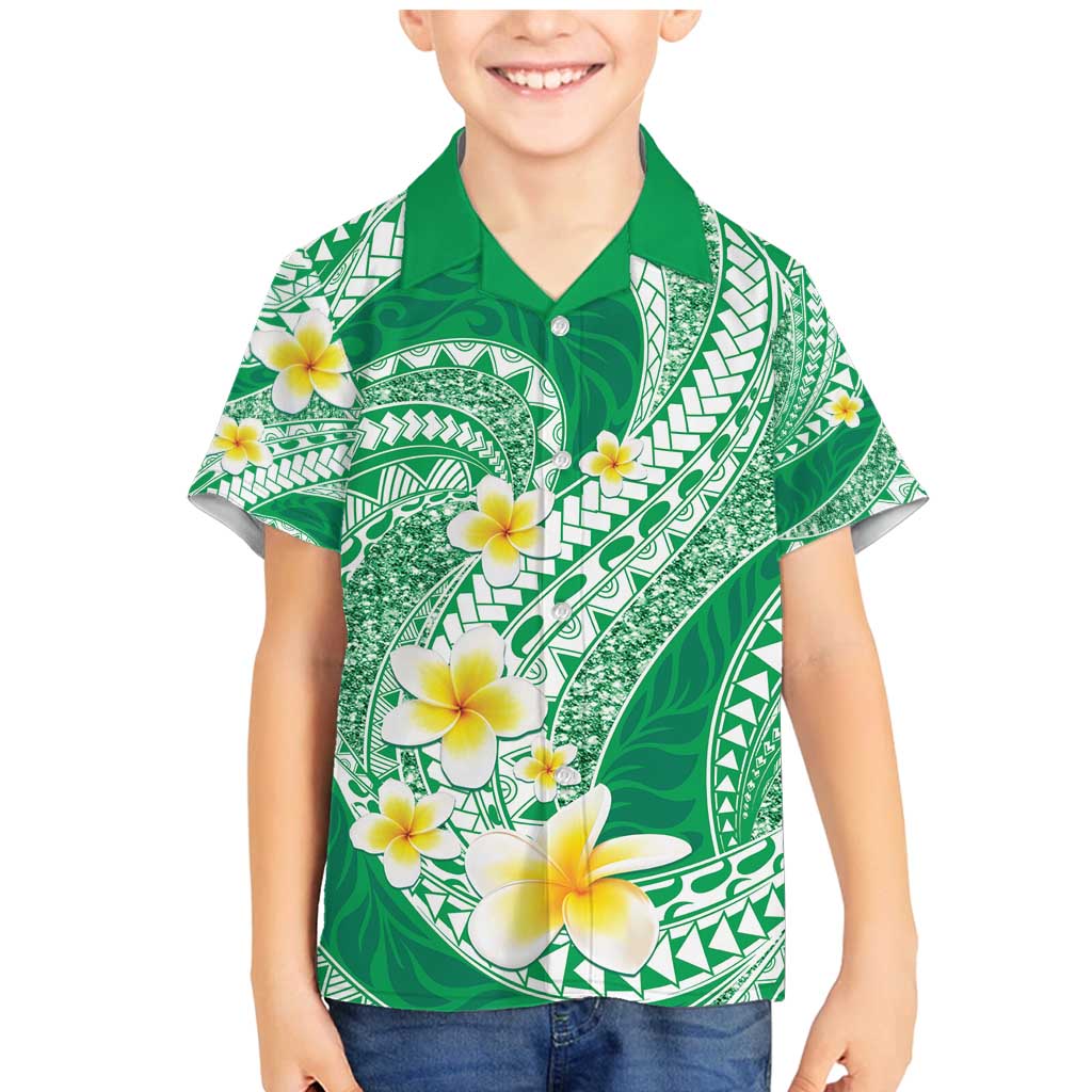 Plumeria Polynesian Green Glitter Pattern Family Matching Mermaid Dress and Hawaiian Shirt