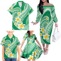 Plumeria Polynesian Green Glitter Pattern Family Matching Off The Shoulder Long Sleeve Dress and Hawaiian Shirt