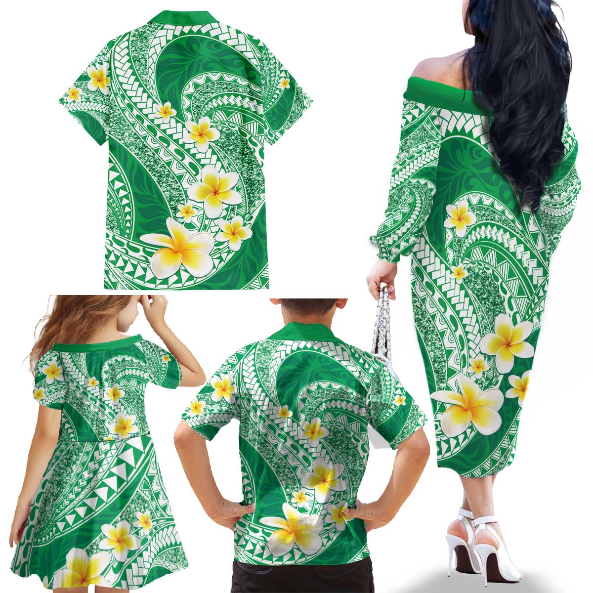 Plumeria Polynesian Green Glitter Pattern Family Matching Off The Shoulder Long Sleeve Dress and Hawaiian Shirt