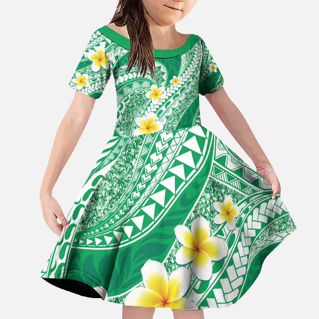 Plumeria Polynesian Green Glitter Pattern Family Matching Off Shoulder Maxi Dress and Hawaiian Shirt