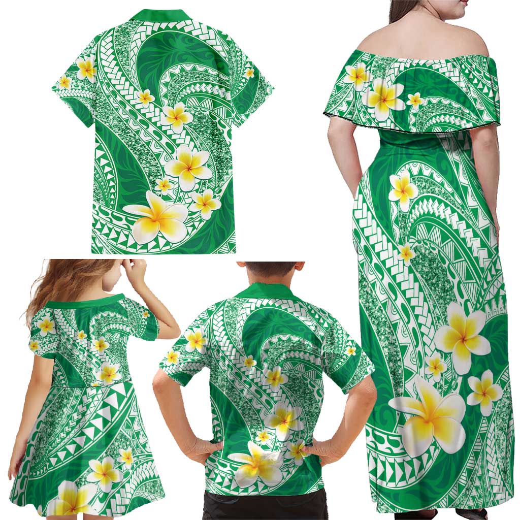 Plumeria Polynesian Green Glitter Pattern Family Matching Off Shoulder Maxi Dress and Hawaiian Shirt