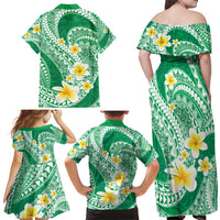 Plumeria Polynesian Green Glitter Pattern Family Matching Off Shoulder Maxi Dress and Hawaiian Shirt