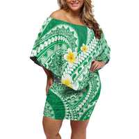 Plumeria Polynesian Green Glitter Pattern Family Matching Off Shoulder Short Dress and Hawaiian Shirt