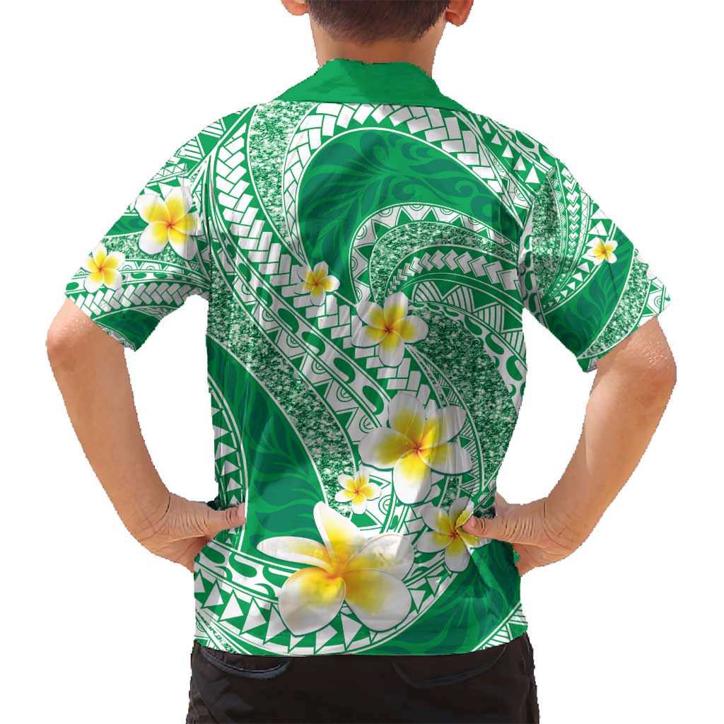 Plumeria Polynesian Green Glitter Pattern Family Matching Puletasi and Hawaiian Shirt
