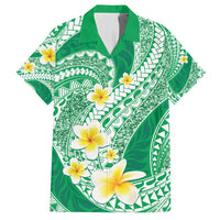 Plumeria Polynesian Green Glitter Pattern Family Matching Puletasi and Hawaiian Shirt