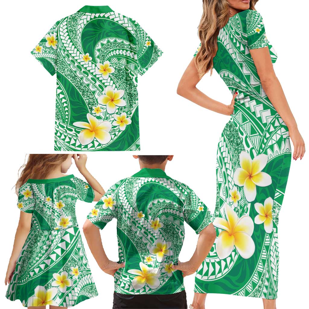 Plumeria Polynesian Green Glitter Pattern Family Matching Short Sleeve Bodycon Dress and Hawaiian Shirt
