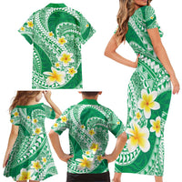 Plumeria Polynesian Green Glitter Pattern Family Matching Short Sleeve Bodycon Dress and Hawaiian Shirt
