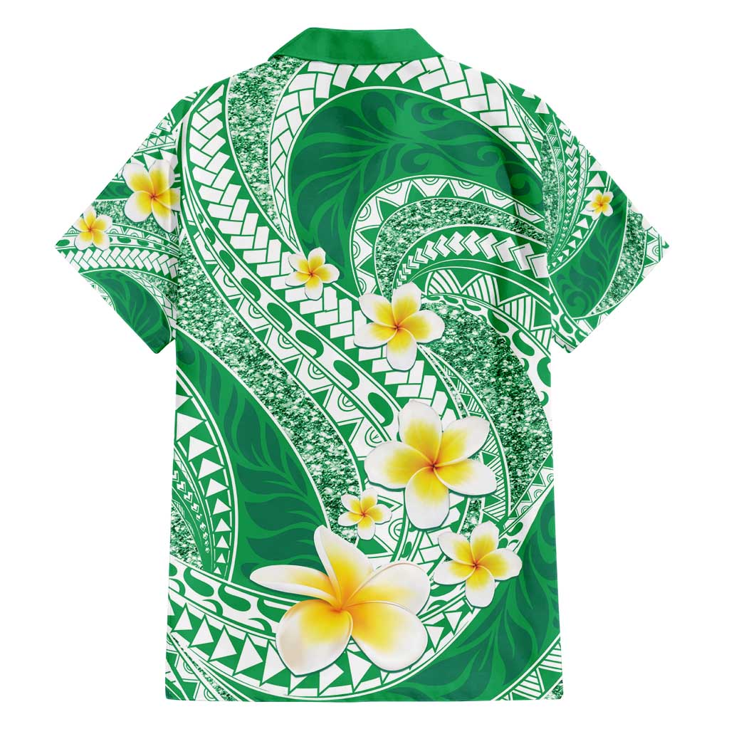 Plumeria Polynesian Green Glitter Pattern Family Matching Short Sleeve Bodycon Dress and Hawaiian Shirt