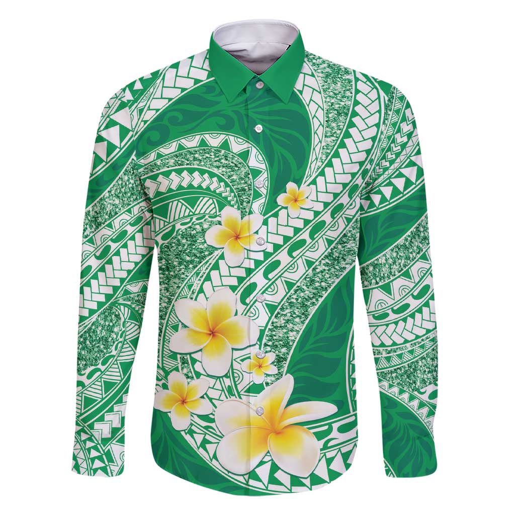 Plumeria Polynesian Green Glitter Pattern Family Matching Short Sleeve Bodycon Dress and Hawaiian Shirt