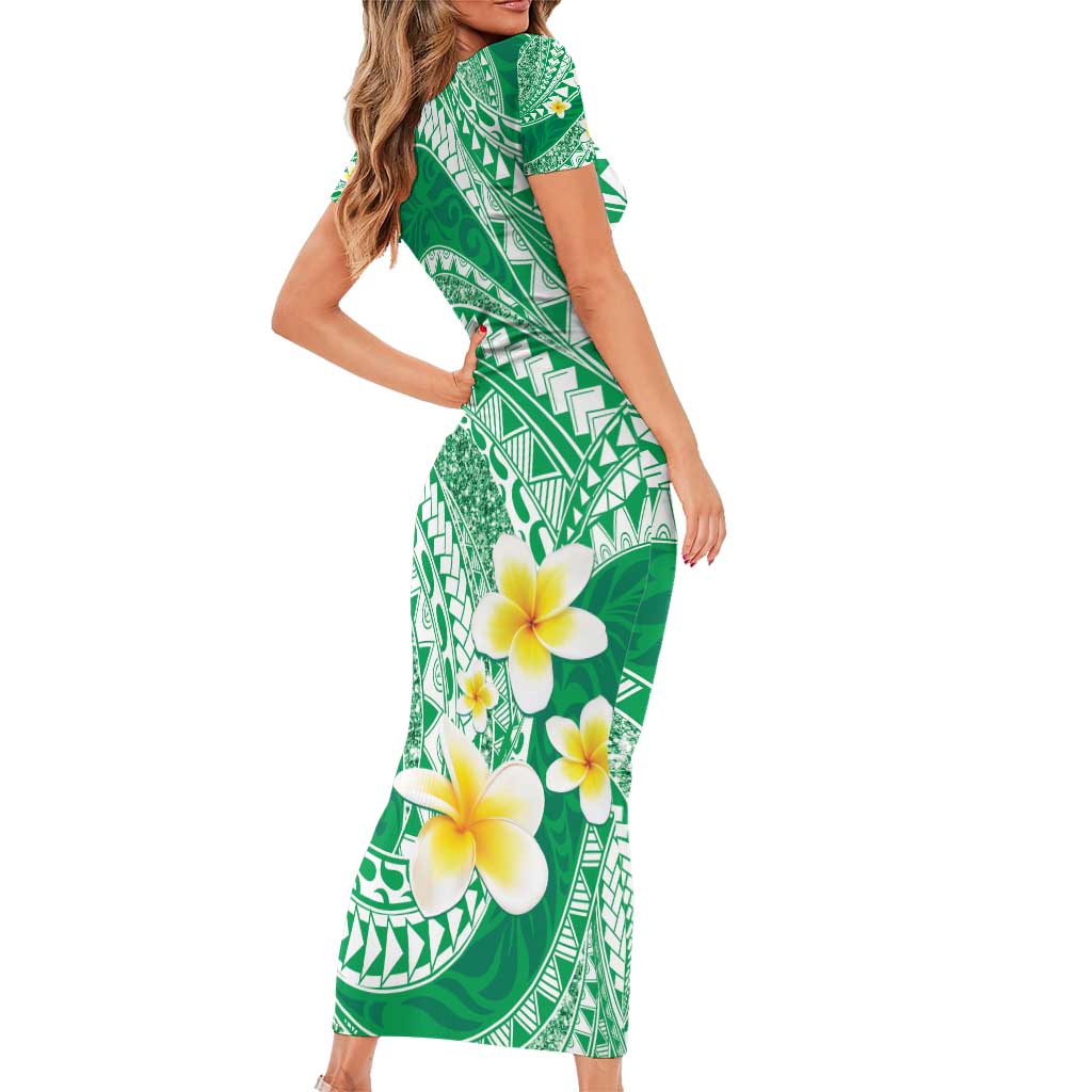 Plumeria Polynesian Green Glitter Pattern Family Matching Short Sleeve Bodycon Dress and Hawaiian Shirt