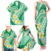 Plumeria Polynesian Green Glitter Pattern Family Matching Tank Maxi Dress and Hawaiian Shirt