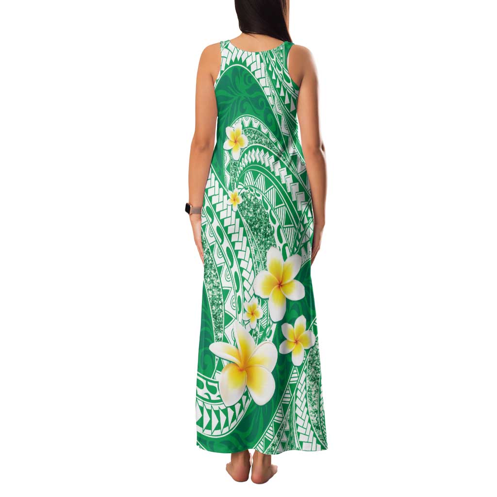 Plumeria Polynesian Green Glitter Pattern Family Matching Tank Maxi Dress and Hawaiian Shirt