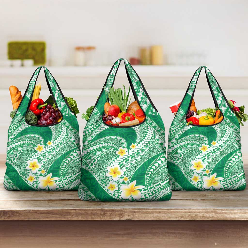 Plumeria Polynesian Green Glitter Pattern Grocery Bag