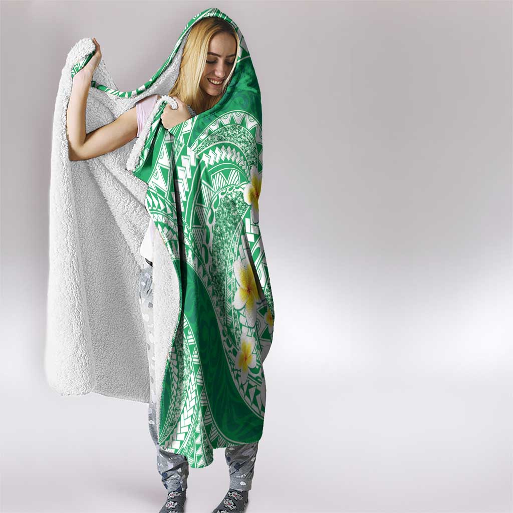 Plumeria Polynesian Green Glitter Pattern Hooded Blanket