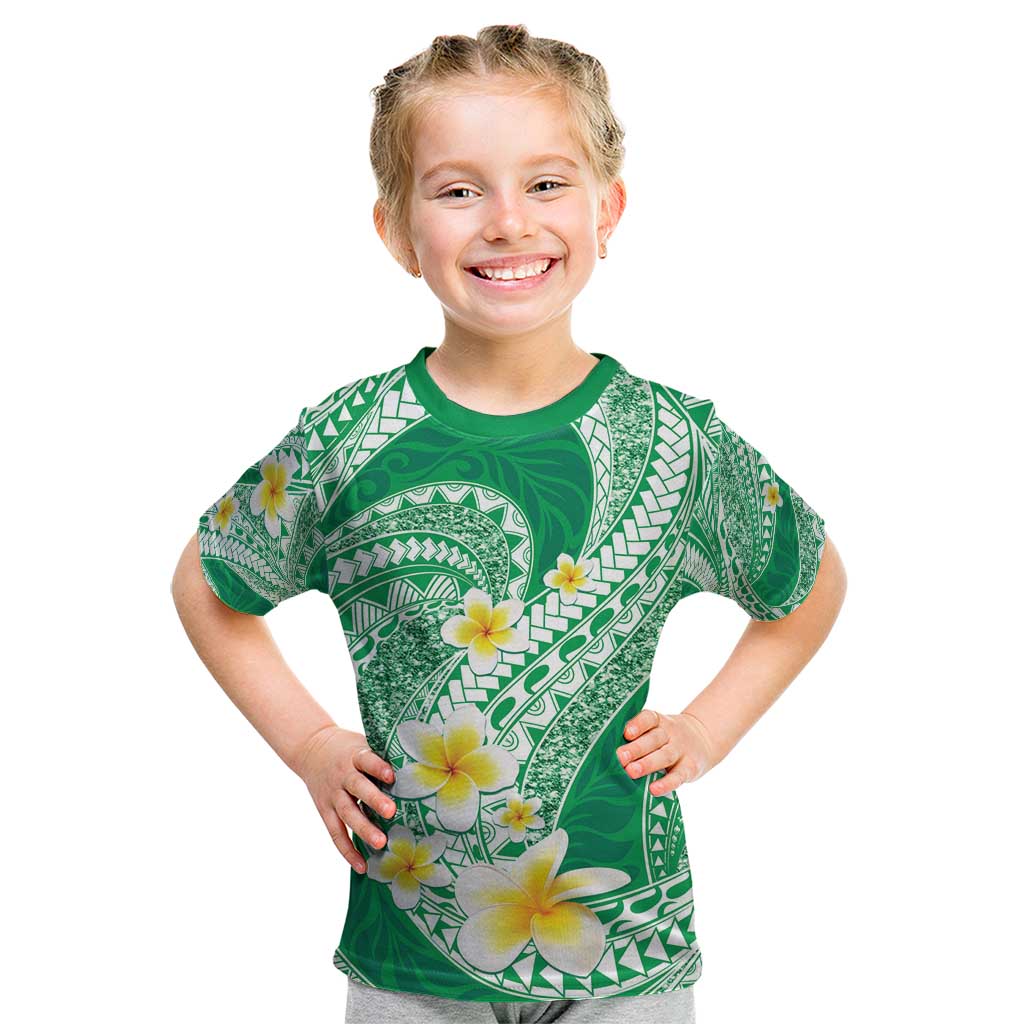 Plumeria Polynesian Green Glitter Pattern Kid T Shirt
