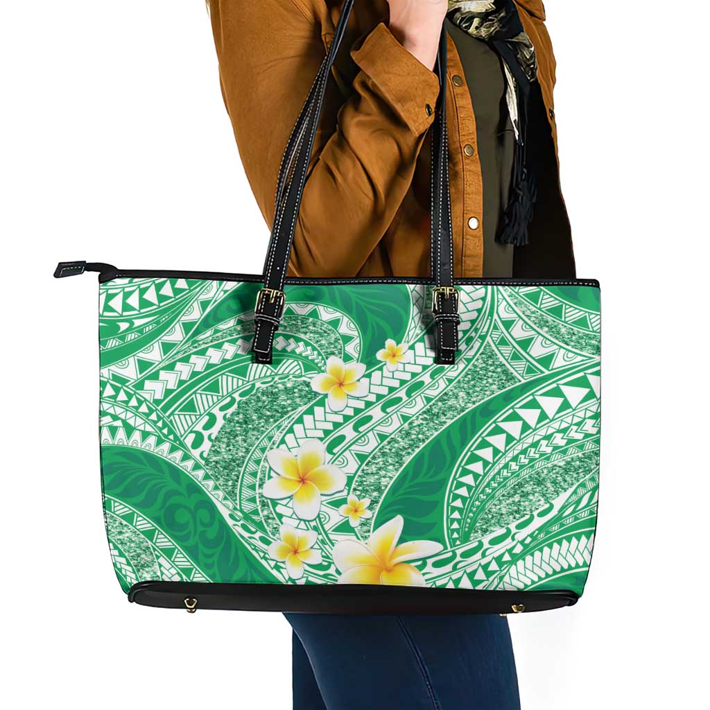 Plumeria Polynesian Green Glitter Pattern Leather Tote Bag