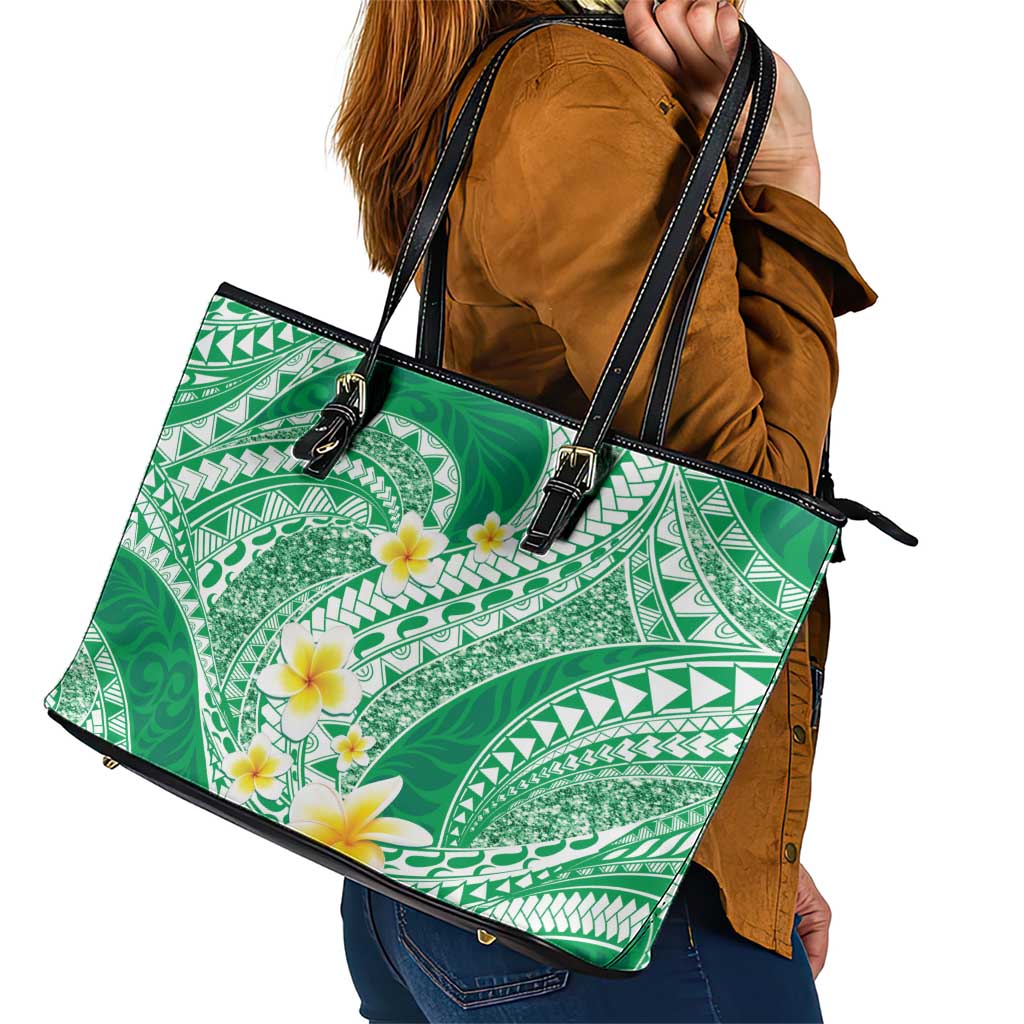 Plumeria Polynesian Green Glitter Pattern Leather Tote Bag