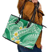 Plumeria Polynesian Green Glitter Pattern Leather Tote Bag