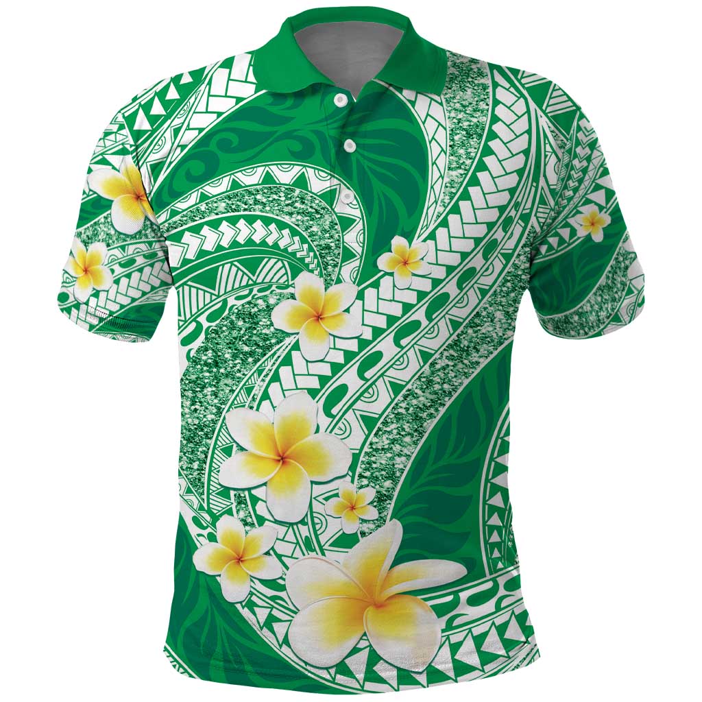 Plumeria Polynesian Green Glitter Pattern Polo Shirt