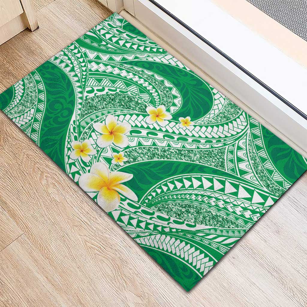 Plumeria Polynesian Green Glitter Pattern Rubber Doormat