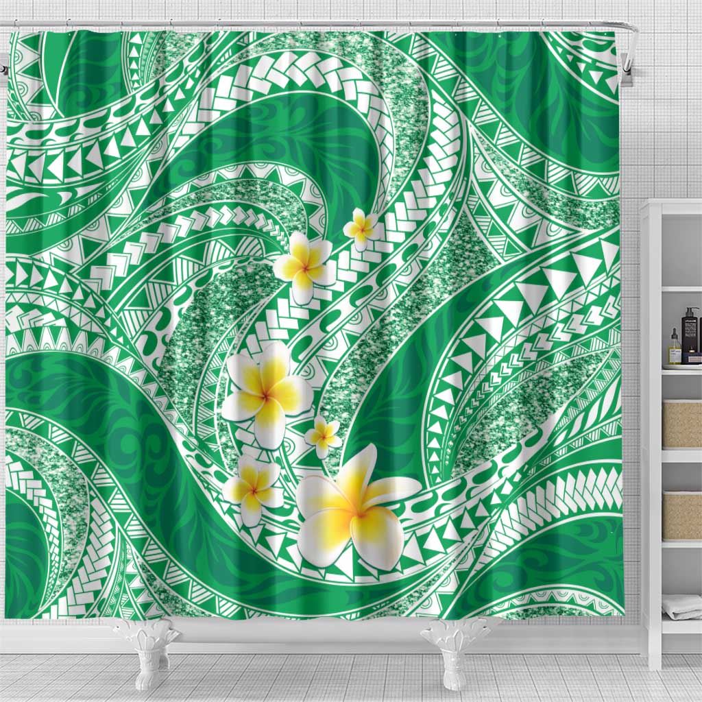 Plumeria Polynesian Green Glitter Pattern Shower Curtain