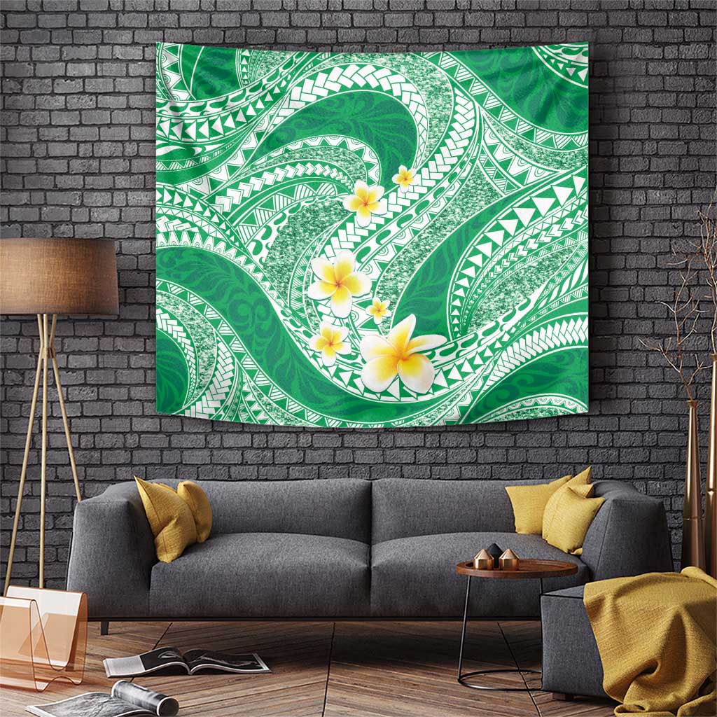 Plumeria Polynesian Green Glitter Pattern Tapestry
