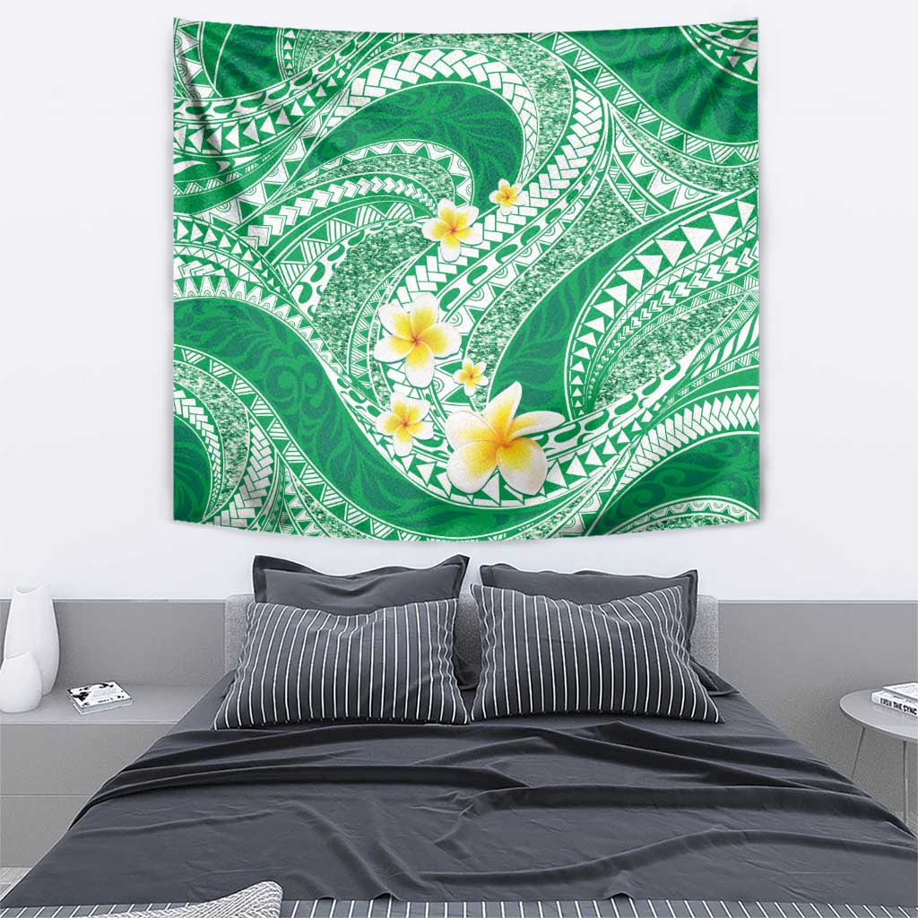 Plumeria Polynesian Green Glitter Pattern Tapestry