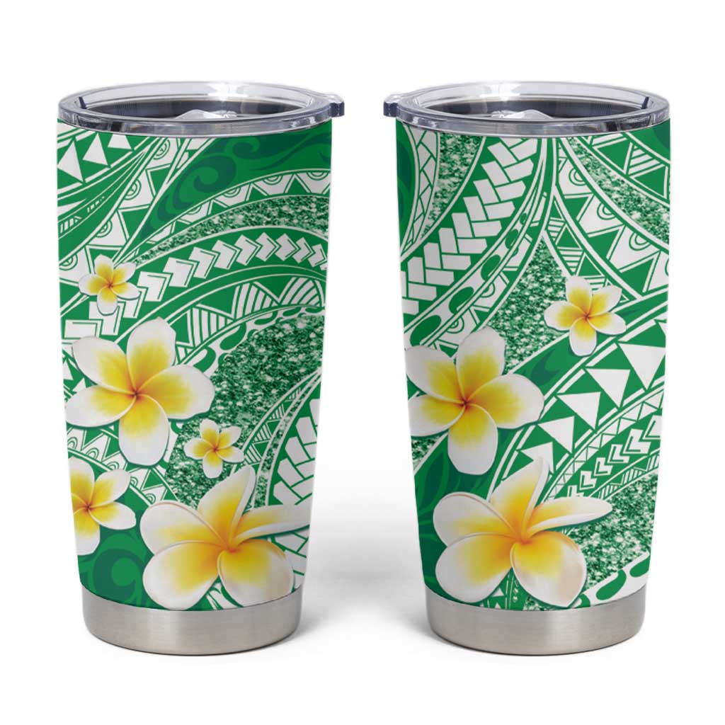 Plumeria Polynesian Green Glitter Pattern Tumbler Cup