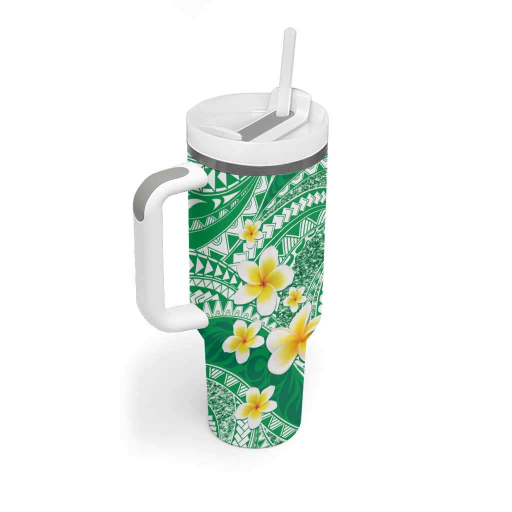 Plumeria Polynesian Green Glitter Pattern Tumbler With Handle