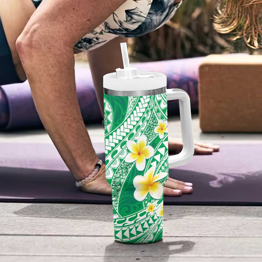 Plumeria Polynesian Green Glitter Pattern Tumbler With Handle