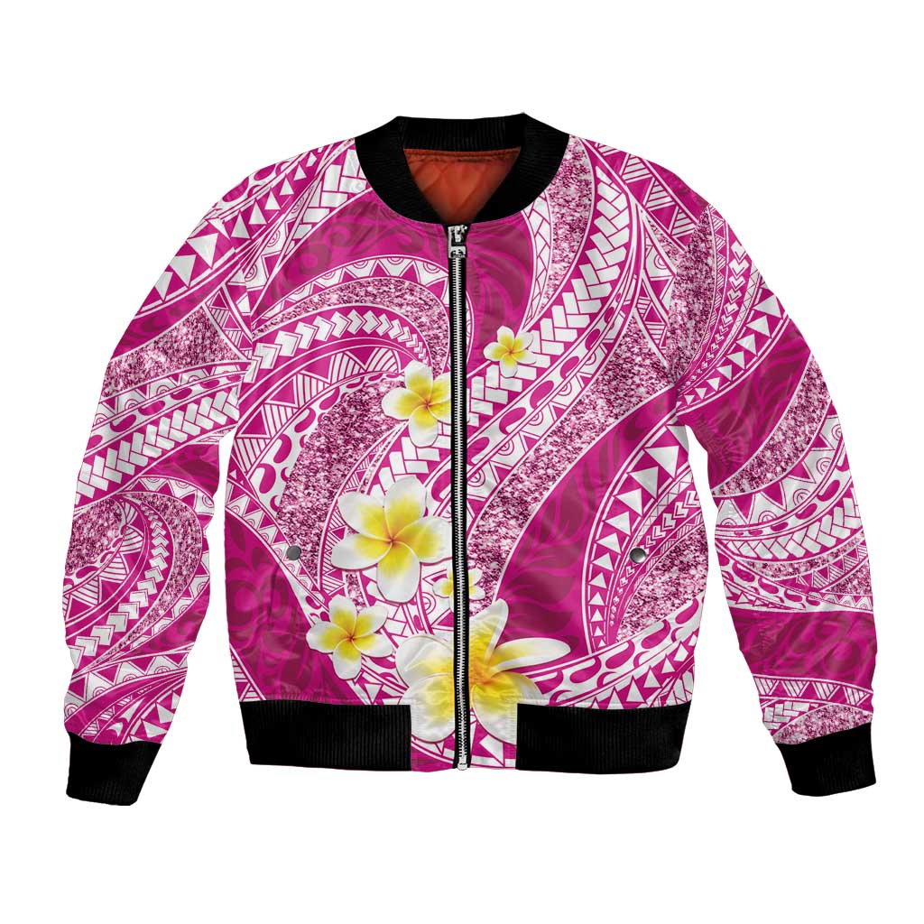 Plumeria Polynesian Pink Glitter Pattern Bomber Jacket LT01 Unisex Pink - Polynesian Pride