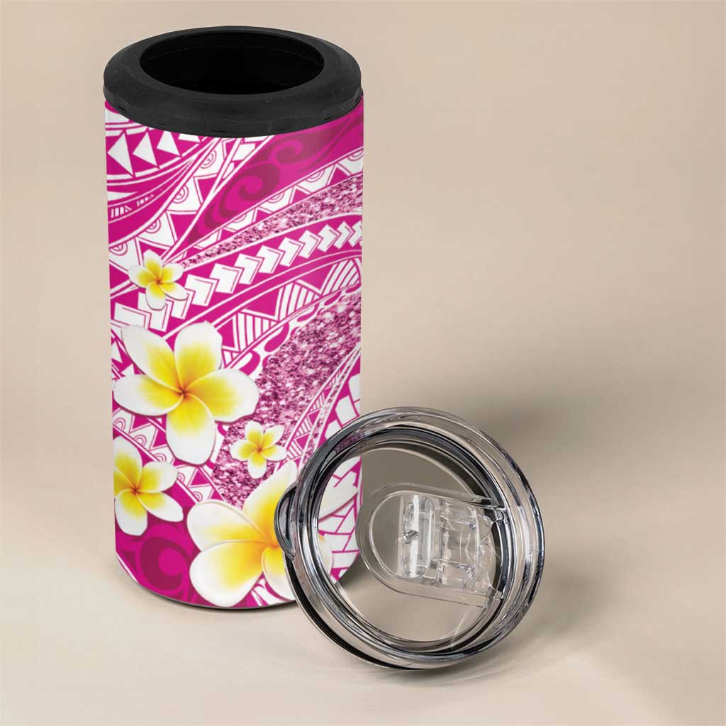 Plumeria Polynesian Pink Glitter Pattern 4 in 1 Can Cooler Tumbler