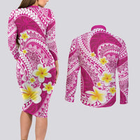 Plumeria Polynesian Pink Glitter Pattern Couples Matching Long Sleeve Bodycon Dress and Long Sleeve Button Shirt