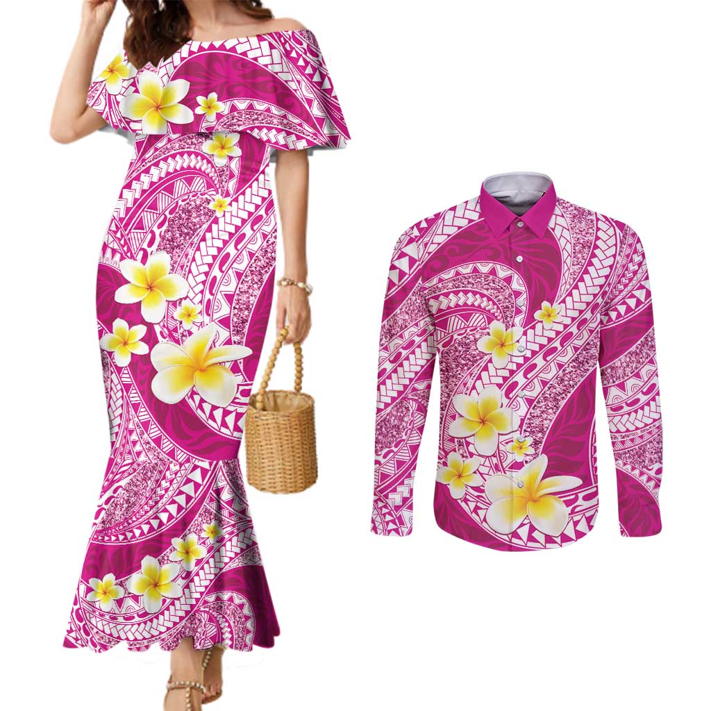 Plumeria Polynesian Pink Glitter Pattern Couples Matching Mermaid Dress and Long Sleeve Button Shirt