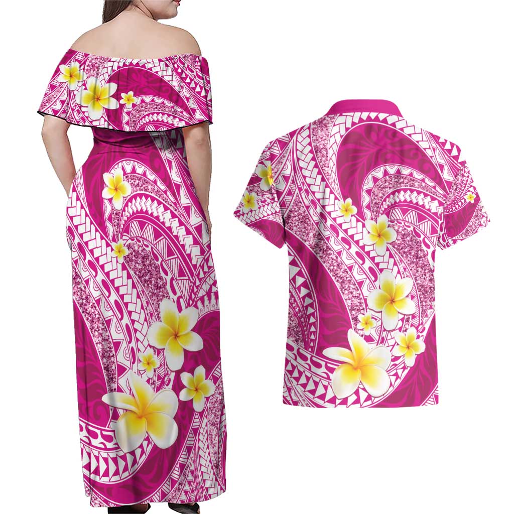 Plumeria Polynesian Pink Glitter Pattern Couples Matching Off Shoulder Maxi Dress and Hawaiian Shirt