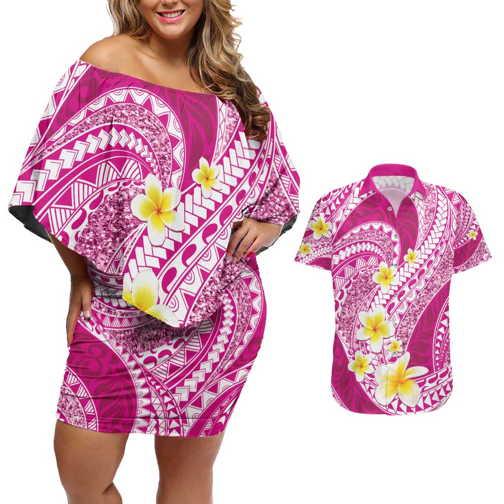 Plumeria Polynesian Pink Glitter Pattern Couples Matching Off Shoulder Short Dress and Hawaiian Shirt