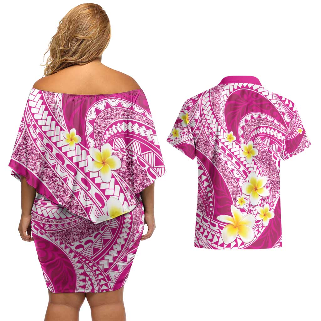Plumeria Polynesian Pink Glitter Pattern Couples Matching Off Shoulder Short Dress and Hawaiian Shirt