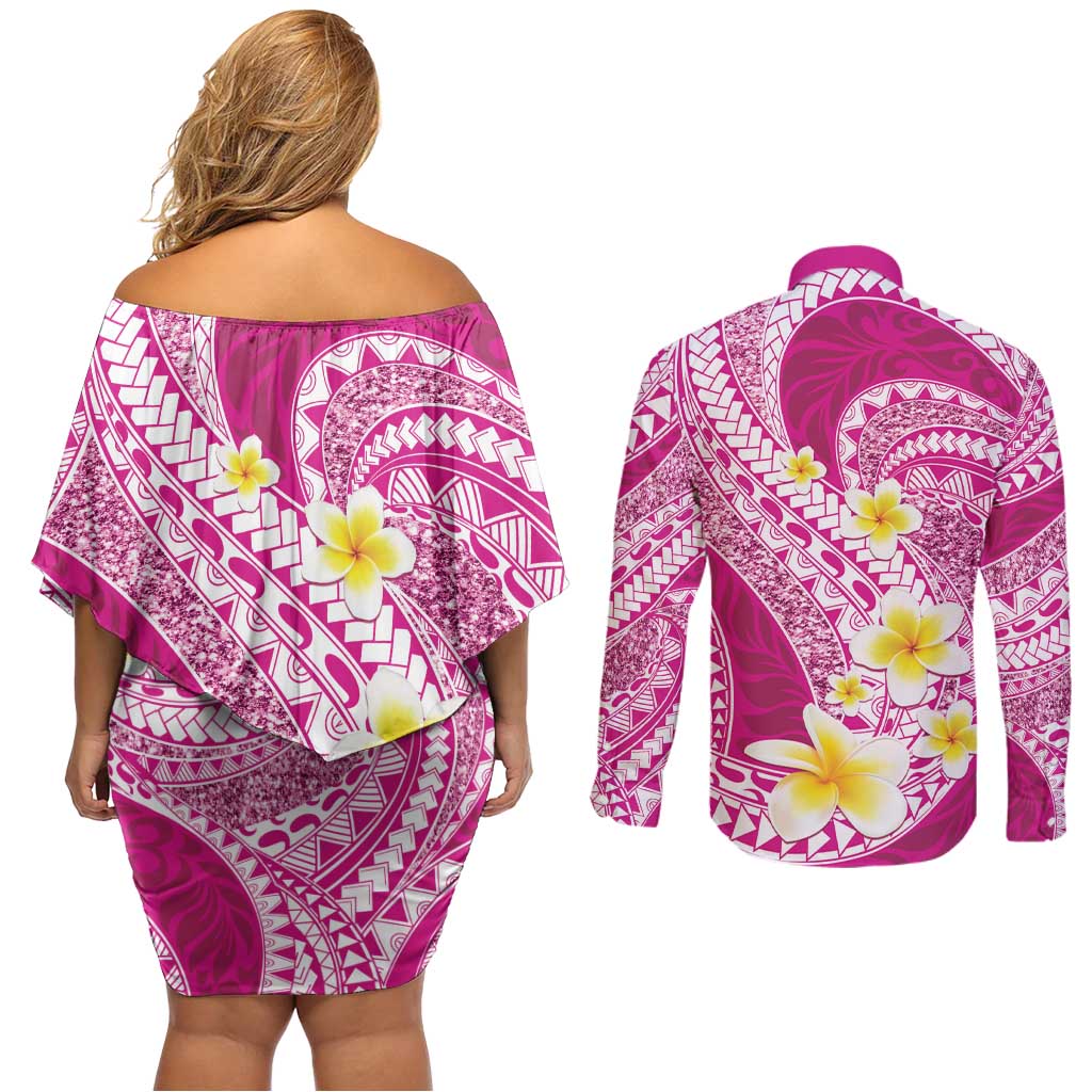 Plumeria Polynesian Pink Glitter Pattern Couples Matching Off Shoulder Short Dress and Long Sleeve Button Shirt
