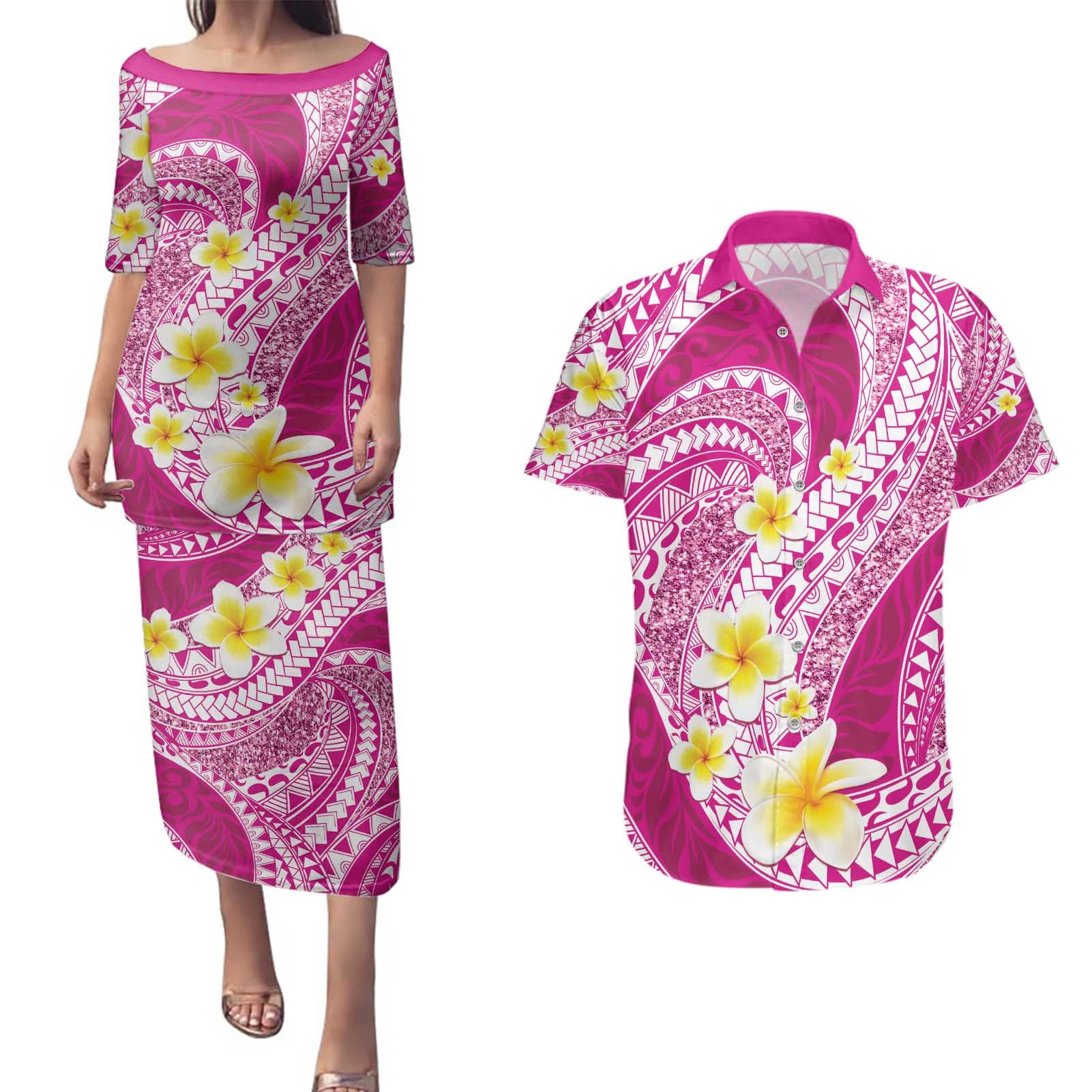 Plumeria Polynesian Pink Glitter Pattern Couples Matching Puletasi and Hawaiian Shirt