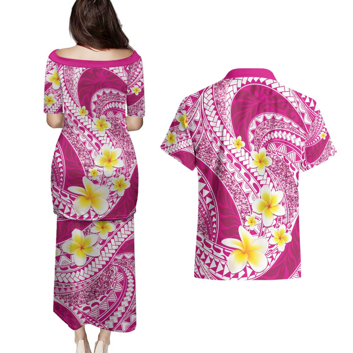 Plumeria Polynesian Pink Glitter Pattern Couples Matching Puletasi and Hawaiian Shirt