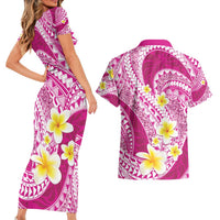 Plumeria Polynesian Pink Glitter Pattern Couples Matching Short Sleeve Bodycon Dress and Hawaiian Shirt