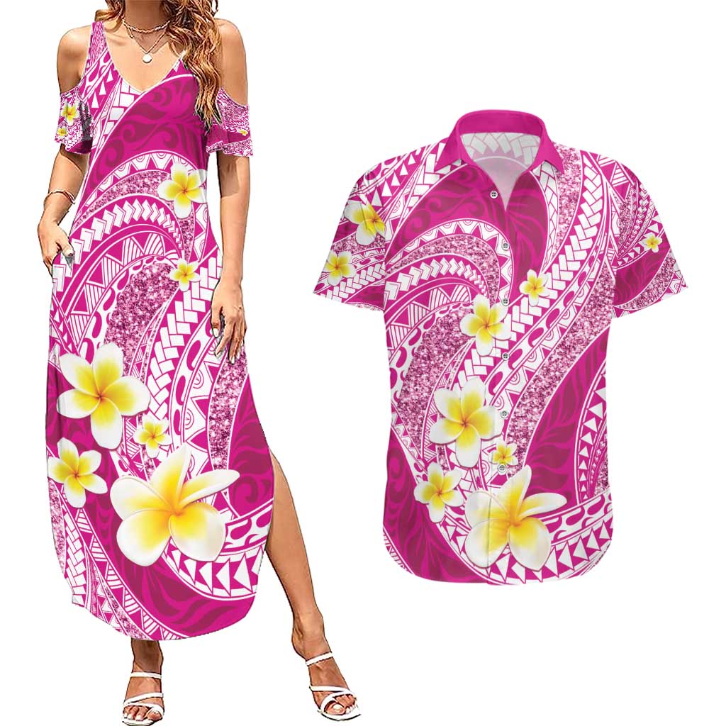 Plumeria Polynesian Pink Glitter Pattern Couples Matching Summer Maxi Dress and Hawaiian Shirt