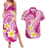Plumeria Polynesian Pink Glitter Pattern Couples Matching Summer Maxi Dress and Hawaiian Shirt