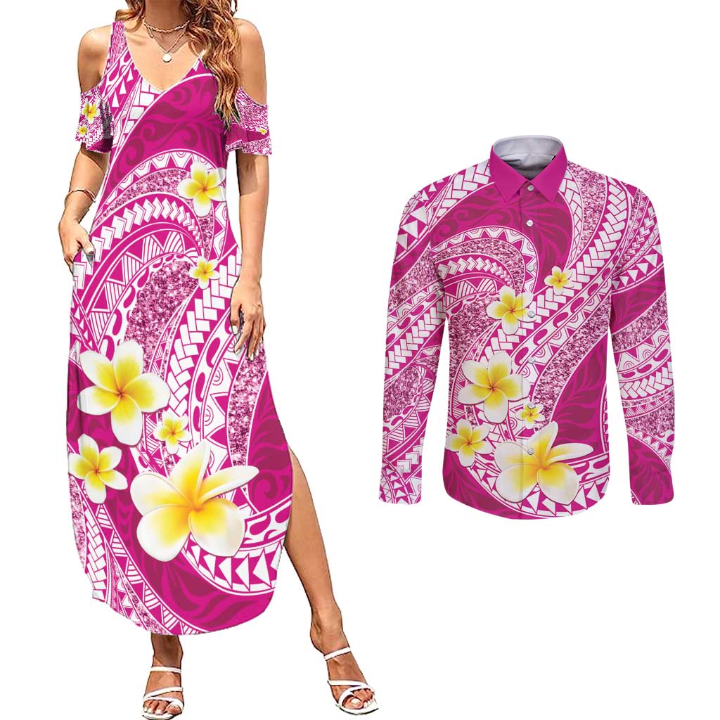 Plumeria Polynesian Pink Glitter Pattern Couples Matching Summer Maxi Dress and Long Sleeve Button Shirt