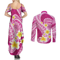 Plumeria Polynesian Pink Glitter Pattern Couples Matching Summer Maxi Dress and Long Sleeve Button Shirt