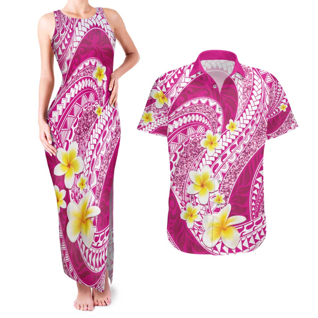 Plumeria Polynesian Pink Glitter Pattern Couples Matching Tank Maxi Dress and Hawaiian Shirt