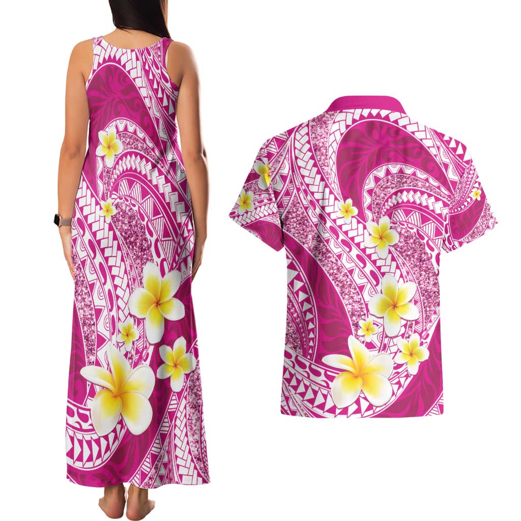 Plumeria Polynesian Pink Glitter Pattern Couples Matching Tank Maxi Dress and Hawaiian Shirt
