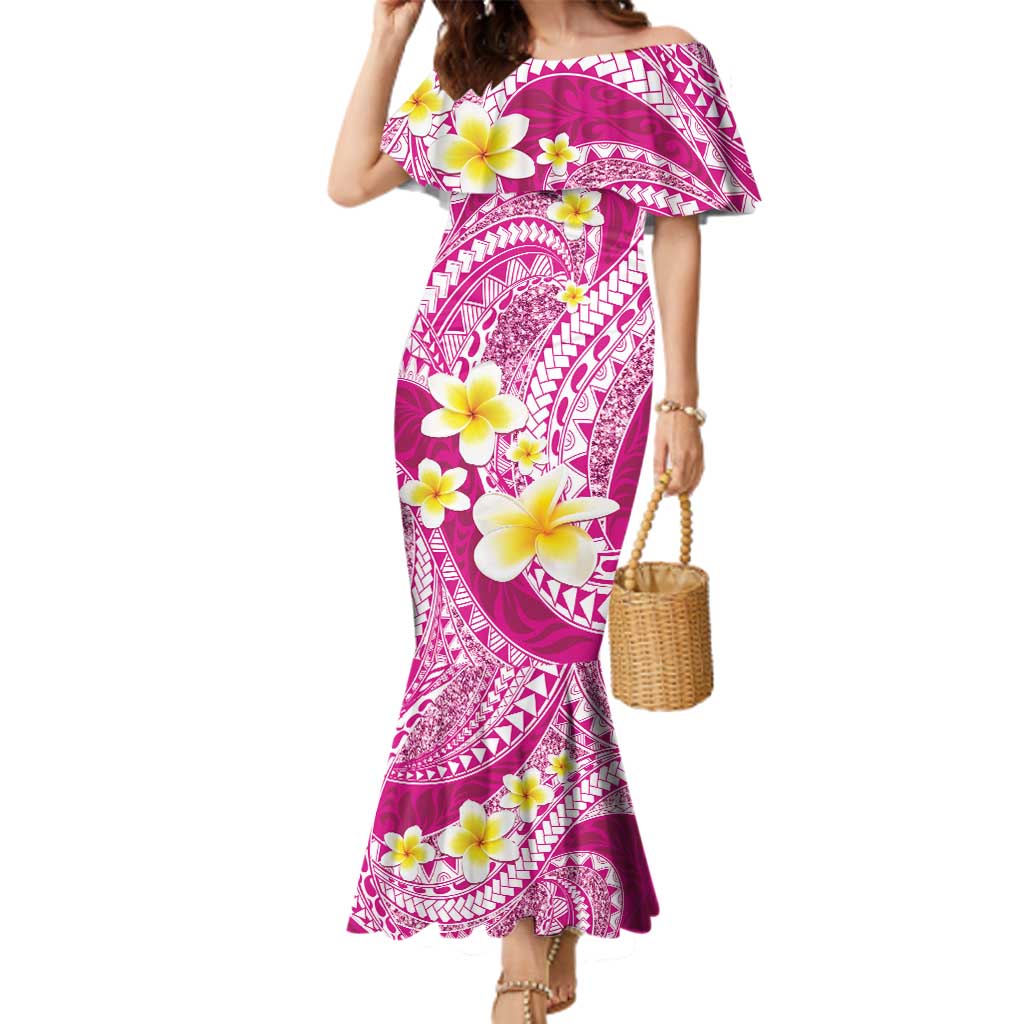 Plumeria Polynesian Pink Glitter Pattern Family Matching Mermaid Dress and Hawaiian Shirt